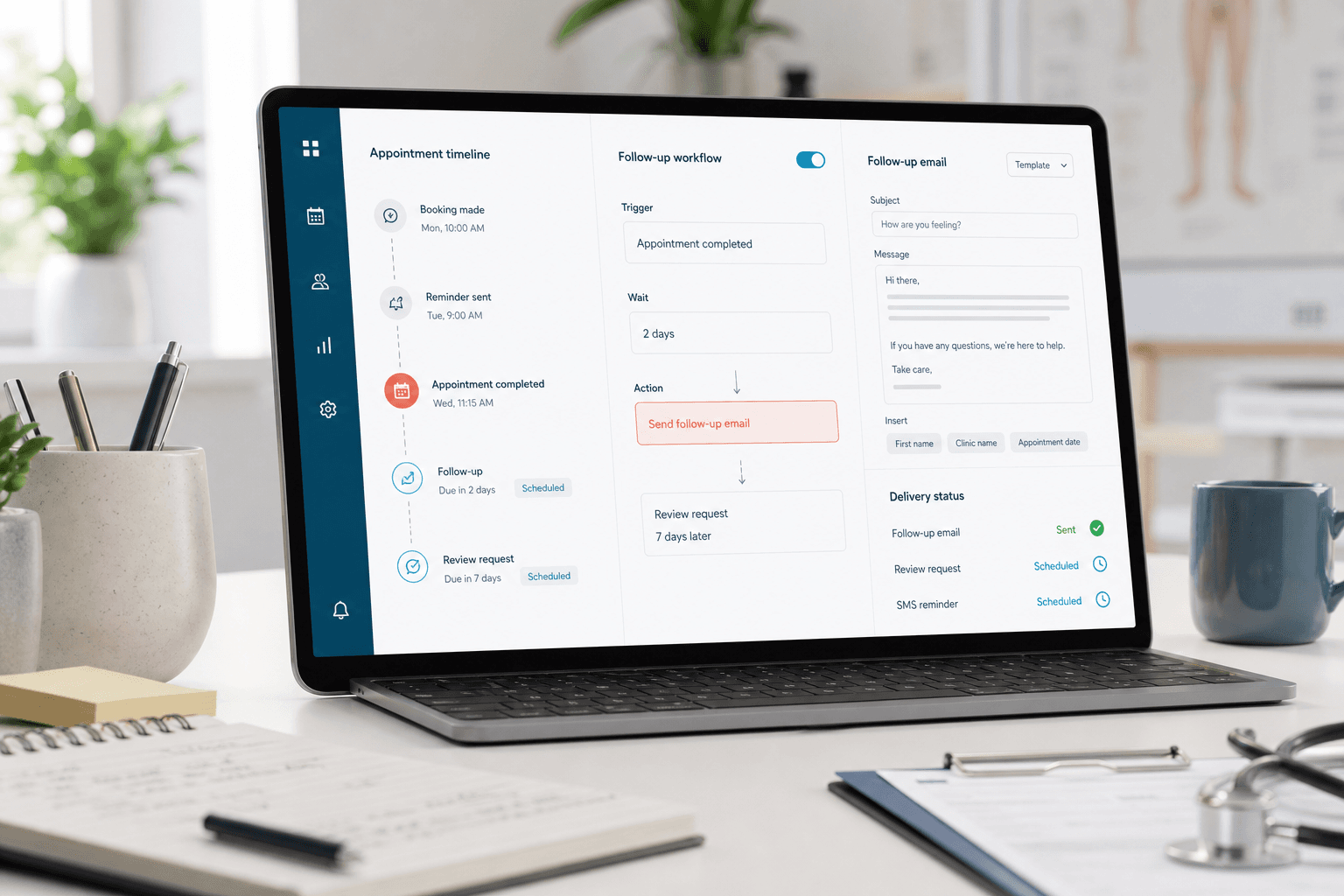 MyHealthFollowup dashboard showing automated Cliniko follow-up emails